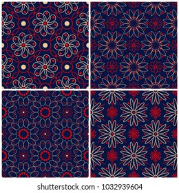 Seamless backgrounds. Blue beige and red classic sets with floral patterns for wallpapers, textile and fabrics