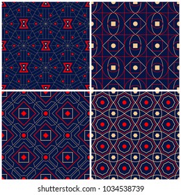 Seamless backgrounds. Blue beige and red classic sets with geometric patterns for wallpapers, textile and fabrics