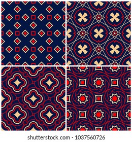 Seamless backgrounds. Blue beige and red classic sets with geometric patterns for wallpapers, textile and fabrics
