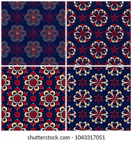 Seamless backgrounds. Blue beige and red classic sets with floral patterns for wallpapers, textile and fabrics