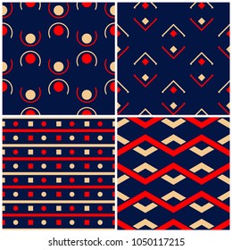 Seamless backgrounds. Blue beige and red classic sets with geometric patterns for wallpapers, textile and fabrics