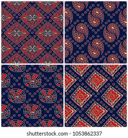 Seamless backgrounds. Blue beige and red classic sets with geometric patterns for wallpapers, textile and fabrics