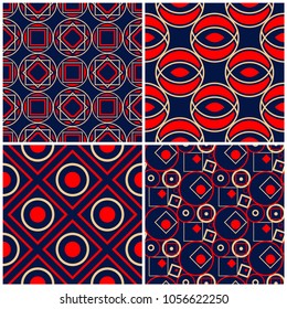 Seamless backgrounds. Blue beige and red classic sets with geometric patterns for wallpapers, textile and fabrics
