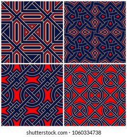 Seamless backgrounds. Blue beige and red classic sets with geometric patterns for wallpapers, textile and fabrics