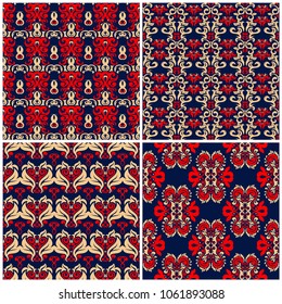 Seamless backgrounds. Blue beige and red classic sets with floral patterns for wallpapers, textile and fabrics