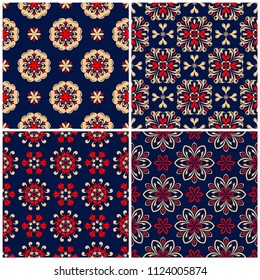 Seamless backgrounds. Blue beige and red classic sets with floral patterns for wallpapers, textile and fabrics