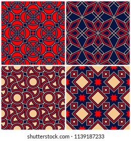Seamless backgrounds. Blue beige and red classic sets with geometric patterns for wallpapers, textile and fabrics