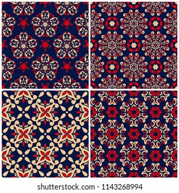 Seamless backgrounds. Blue beige and red classic sets with floral patterns for wallpapers, textile and fabrics
