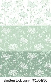 Seamless backgrounds with branches of climbing roses. Set of florai patterns for wallpaper, fabric, digital paper, fills, etc. Green and white colors 