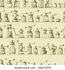 Seamless backgrounds with brown vintage coffee mills. Can be used for wallpaper, pattern fills, textile, web page background, surface texture Vector illustration. 