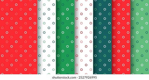 Seamless backgrounds with circles. Christmas pattern with polka dots. Set dotted red green texture. Holiday New year print. Collection abstract wrapping papers. Geometric backdrop. Vector illustration