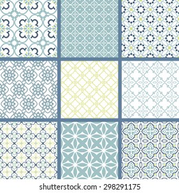 Seamless backgrounds collection. Set of arabesque vector patterns. Color abstract ornaments.