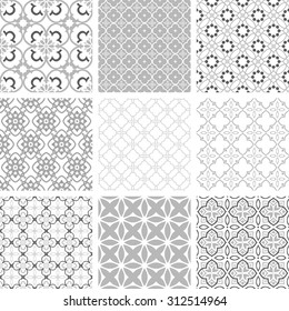 Seamless backgrounds collection. Set of arabesque vector patterns. Grey abstract ornaments.