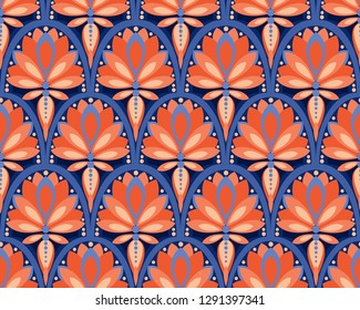 seamless backgrounds with colorful rosettes, can be used for ethnic carnival, blue and living coral colors, vector illustration