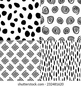 Seamless backgrounds with dots, spots, spirals, touches, dash, sticks. Black and white backgrounds. Cute vector seamless patterns.