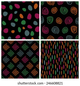 Seamless backgrounds with dots, spots, spirals, touches, dash, sticks. colorful backgrounds. Cute vector seamless patterns.
