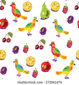 seamless backgrounds with fruits and birds in cartoon style