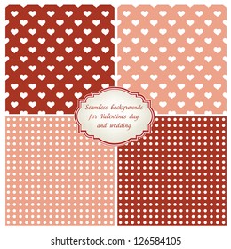 Seamless backgrounds and patterned hearts for Valentines day and wedding