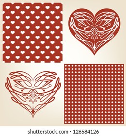 Seamless backgrounds and patterned hearts for Valentines day and wedding