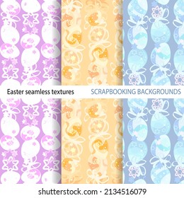 Seamless backgrounds. Patterns for Easter. Egg textures. Bed shades. Manual graphics. Digital drawing. Festive religious theme. vector