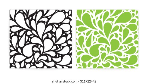 Seamless backgrounds set with funny drops. Black, white and green.