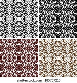 Seamless backgrounds set, geometric ornament, vector lace pattern, monochrome abstract decoration, design elements collection