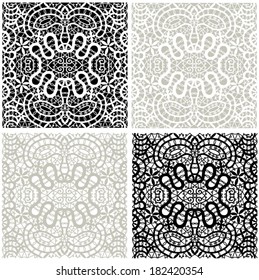 Seamless backgrounds set, hand drawn sketch, retro geometric ornament, vector lacy texture, monochrome abstract decoration
