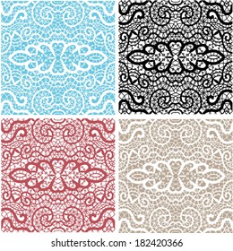 Seamless backgrounds set, hand drawn sketch, retro geometric ornament, vector lacy texture, colorful abstract decoration