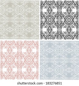 Seamless backgrounds set, retro geometric ornament, vector lace pattern, colorful abstract decoration, design elements collection