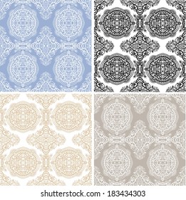 Seamless backgrounds set, retro geometric ornament, vector lace pattern, colorful abstract decoration, design elements collection