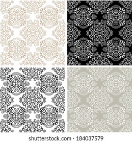 Seamless backgrounds set, retro geometric ornament, vector lace pattern, colorful abstract decoration, design elements collection