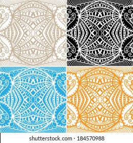 Seamless backgrounds set, retro geometric ornament, vector lace pattern, colorful abstract decoration, design elements collection