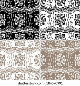 Seamless backgrounds set, retro geometric ornament, vector lace pattern, colorful abstract decoration, design elements collection
