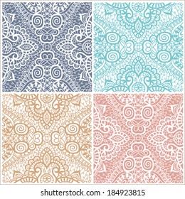 Seamless backgrounds set, retro geometric ornament, lace pattern, abstract decoration, design elements collection, hand-drawn artwork, sketch, vector illustration