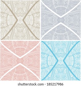 Seamless backgrounds set, retro geometric ornament, vector lace pattern, colorful abstract decoration, design elements collection, hand drawn artwork, sketch
