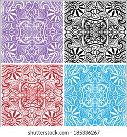 Seamless backgrounds set, retro geometric ornament, lace pattern, abstract decoration, design elements collection, hand-drawn artwork, sketch, vector illustration