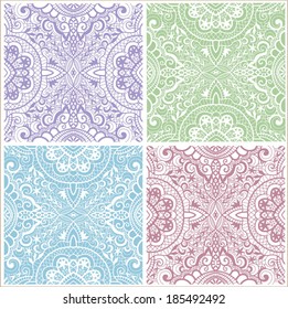 Seamless backgrounds set, retro geometric ornament, vector lace pattern, colorful abstract decoration, design elements collection