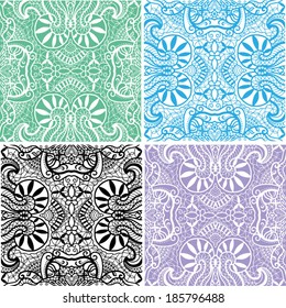 Seamless backgrounds set, retro geometric ornament, vector lace pattern, colorful abstract decoration, design elements collection, hand-drawn artwork