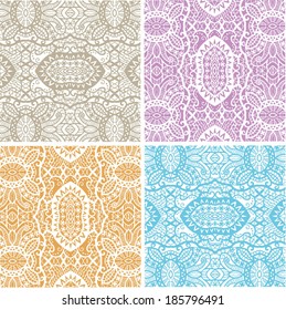 Seamless backgrounds set, retro geometric ornament, vector lace pattern, colorful abstract decoration, design elements collection, hand-drawn artwork