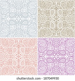 Seamless backgrounds set, retro geometric ornament, vector lace pattern, colorful abstract decoration, design elements collection, hand-drawn artwork