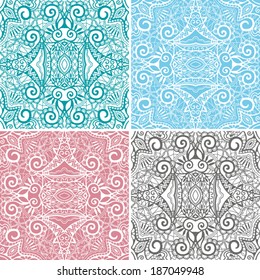 Seamless backgrounds set, retro geometric ornament, lace pattern, abstract decoration, design elements collection, hand-drawn artwork, sketch, vector illustration