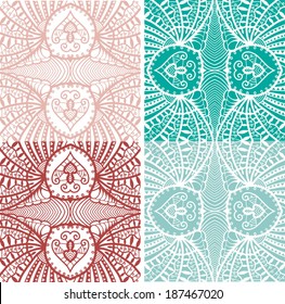 Seamless backgrounds set, retro geometric ornament, vector lace pattern, colorful abstract decoration, design elements collection