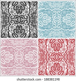Seamless backgrounds set, retro geometric ornament, vector lace pattern, colorful abstract decoration, design elements collection, hand-drawn artwork