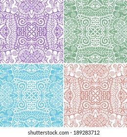 Seamless backgrounds set, retro geometric ornament, vector lace pattern, colorful abstract decoration, design elements collection, hand-drawn artwork