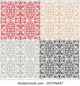 Seamless backgrounds set, retro geometric ornament, vector lace pattern, colorful abstract decoration, design elements collection, hand-drawn artwork