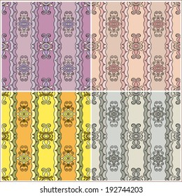 Seamless backgrounds set, retro geometric ornament, vector lace pattern, colorful abstract decoration, design elements collection, hand drawn artwork