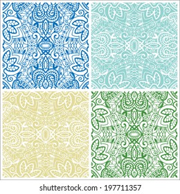 Seamless backgrounds set, retro geometric ornament, vector lace pattern, colorful abstract decoration, design elements collection, hand drawn artwork