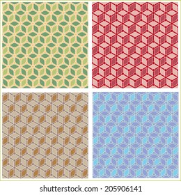 Seamless backgrounds set, retro geometric ornament, vector lace pattern, colorful abstract decoration, design elements collection