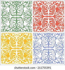 Seamless backgrounds set, retro geometric ornament, vector lace pattern, colorful abstract decoration, design elements collection