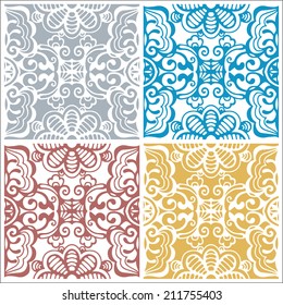Seamless backgrounds set, retro geometric ornament, vector lace pattern, colorful abstract decoration, design elements collection